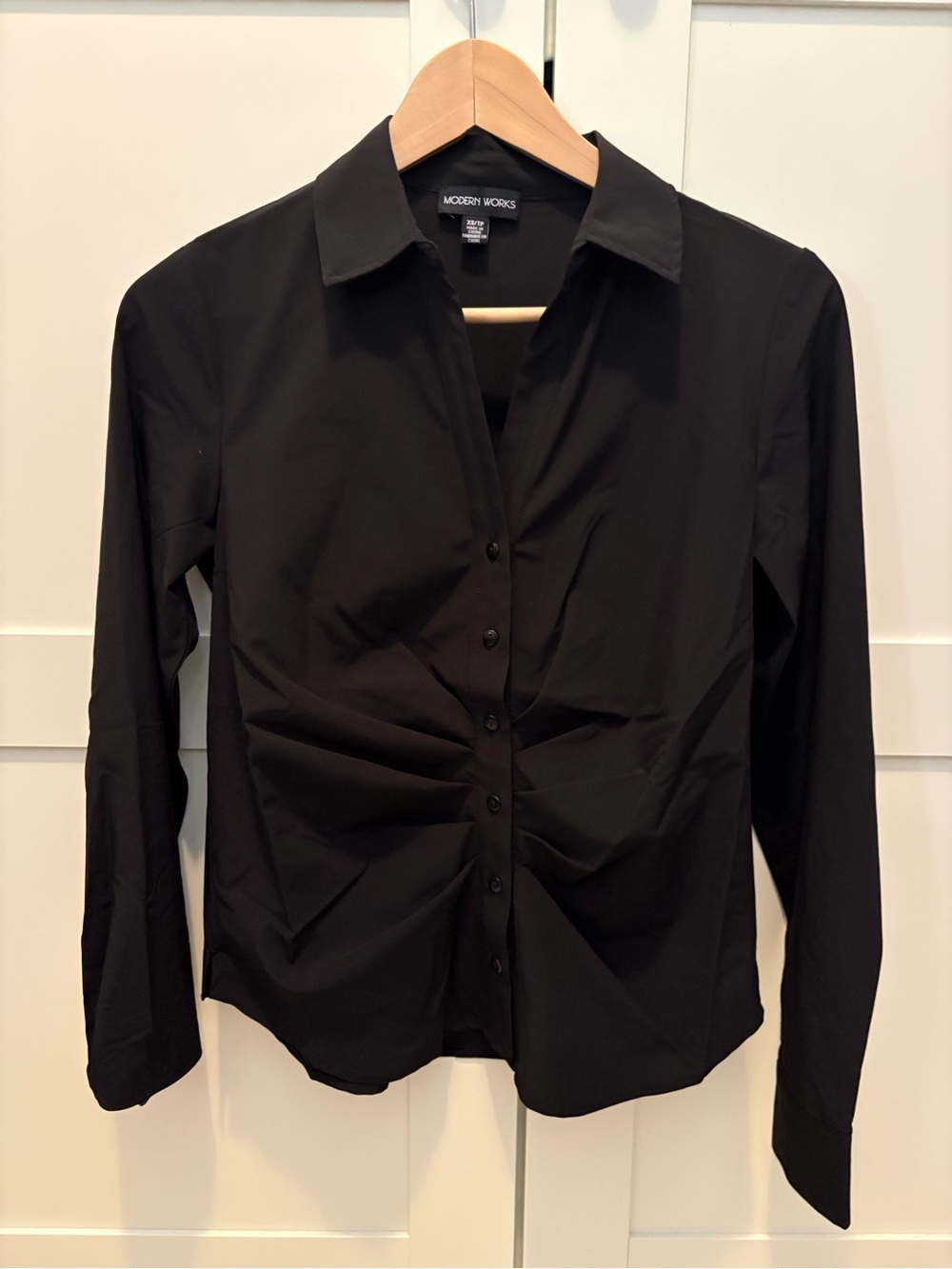 Modern Works Black Ruched Button-Down Shirt